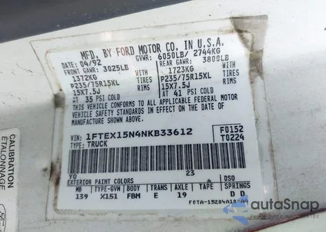 1992 Ford F150 z USA, uszkodzony, nr VIN 1FTEX15N4NKB33612